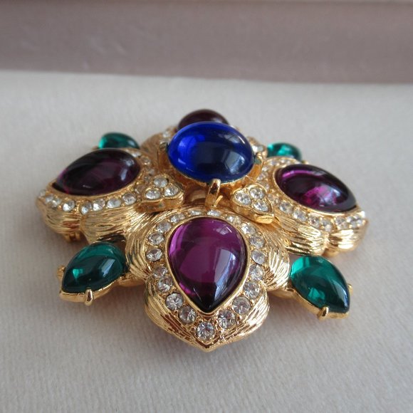 VTG JOAN RIVERS Gripoix Style JELLY MALTESE PIN BROOCH Gold Plated 2" - Picture 2 of 7